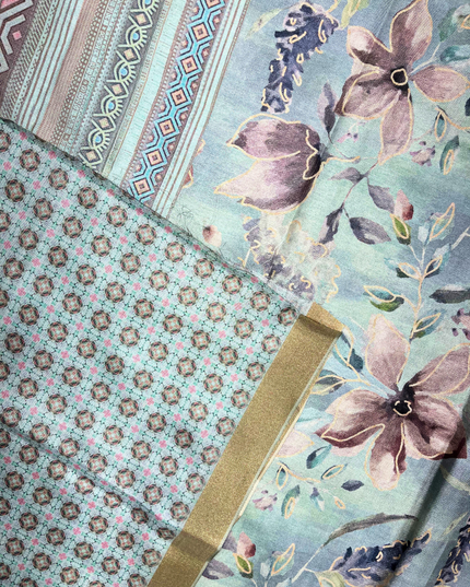 Pastel Blue Khadi — Botanical & Abstract Print Saree