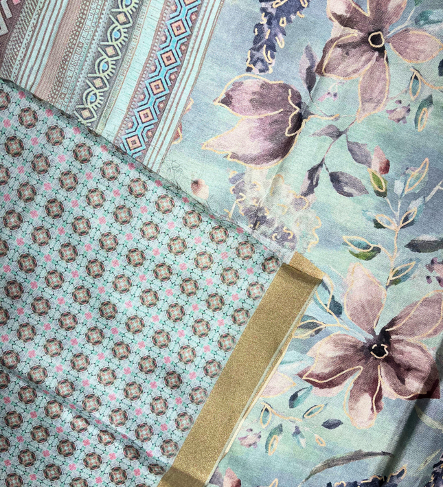 Pastel Blue Khadi — Botanical & Abstract Print Saree