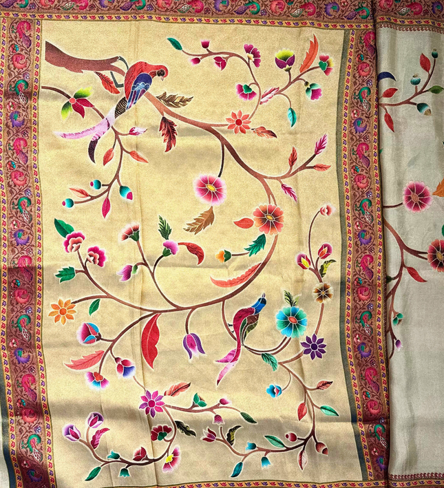 Pashmina Silk Saree – Resham Weave on Golden-Beige Base