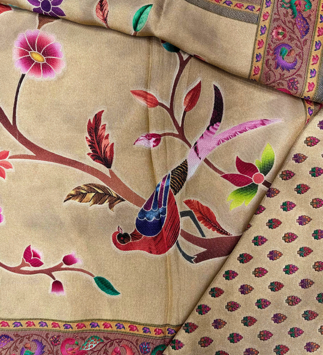 Pashmina Silk Saree – Resham Weave on Golden-Beige Base
