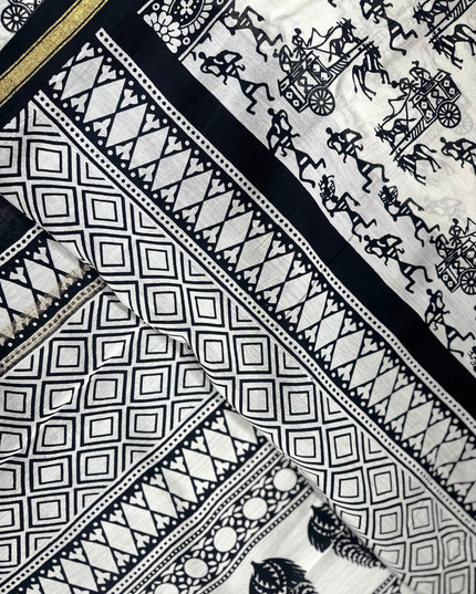 Chanderi Cotton Saree – Warli Print Handloom