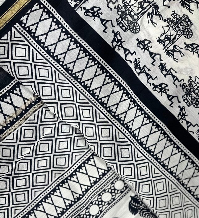 Chanderi Cotton Saree – Warli Print Handloom
