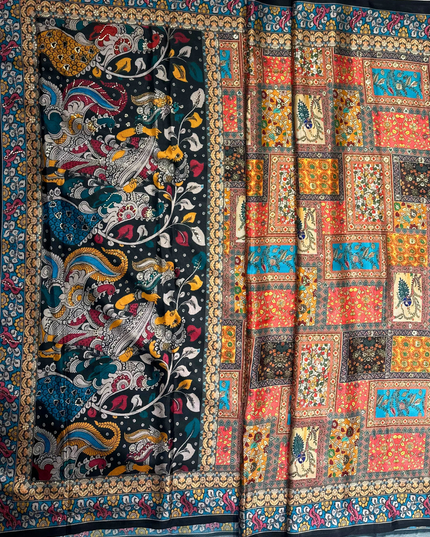 Regal Charm Satin Crepe Saree with Kalamkari-Inspired Print