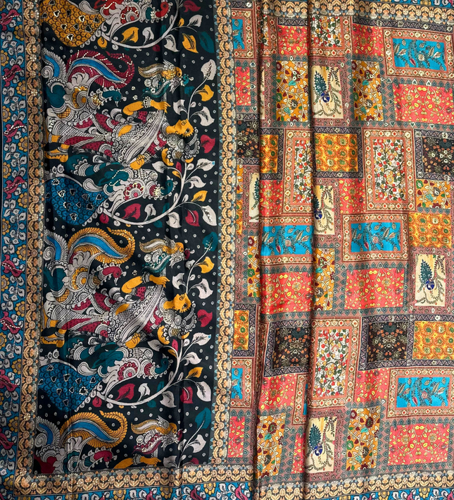 Regal Charm Satin Crepe Saree with Kalamkari-Inspired Print