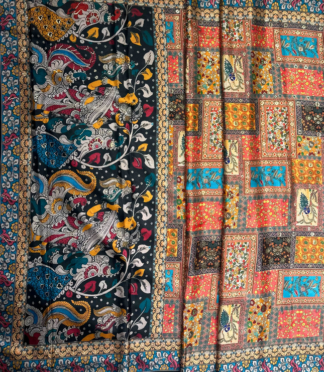 Regal Charm Satin Crepe Saree with Kalamkari-Inspired Print
