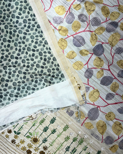 Khadi Handwoven Saree – Embroidered Pallu & Leaf Print Design