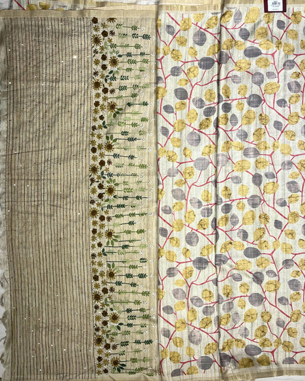 Khadi Handwoven Saree – Embroidered Pallu & Leaf Print Design