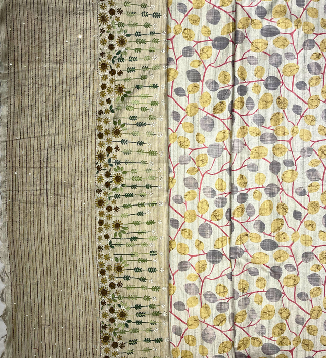 Khadi Handwoven Saree – Embroidered Pallu & Leaf Print Design