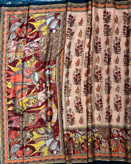 Satin Kalamkari Print Saree with Contrast Blouse – Traditional & Artistic Elegance