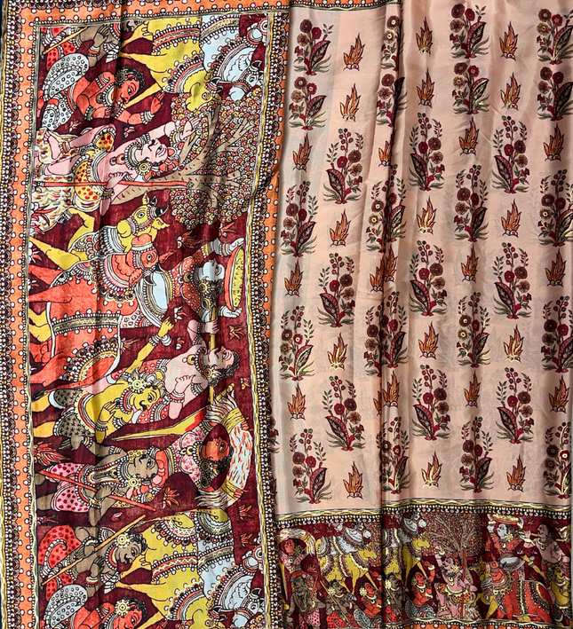 Satin Kalamkari Print Saree with Contrast Blouse – Traditional & Artistic Elegance
