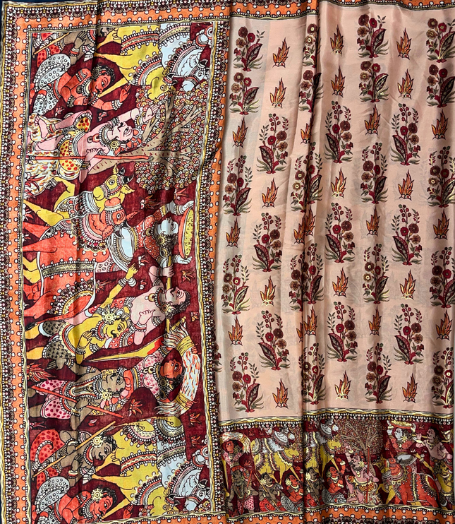 Satin Kalamkari Print Saree with Contrast Blouse – Traditional & Artistic Elegance