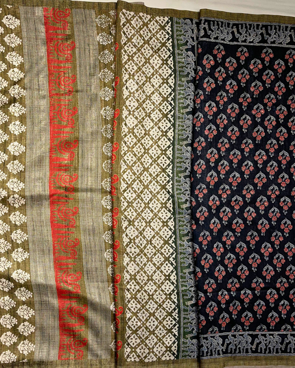 Khadi Printed Saree with Ajrakh Motifs – Traditional Handloom Elegance