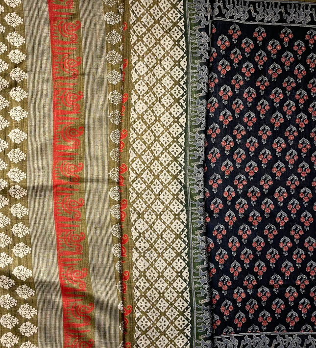 Khadi Printed Saree with Ajrakh Motifs – Traditional Handloom Elegance