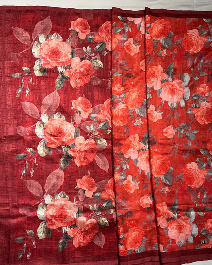 Red Khadi Floral Print Saree – Elegant Handloom with Rose Motifs