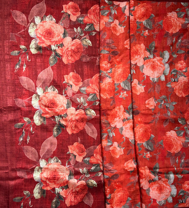 Red Khadi Floral Print Saree – Elegant Handloom with Rose Motifs