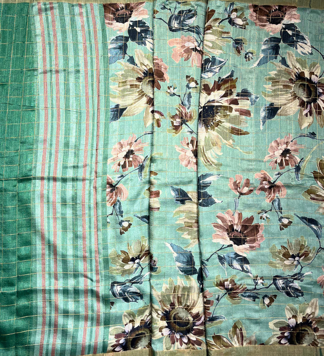 Designer Pista Green Khadi Floral Print Saree