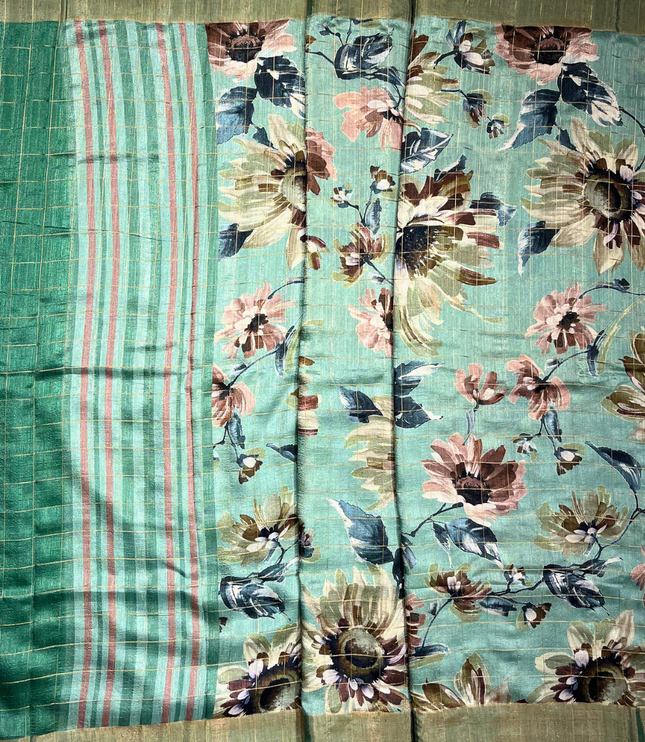 Designer Pista Green Khadi Floral Print Saree