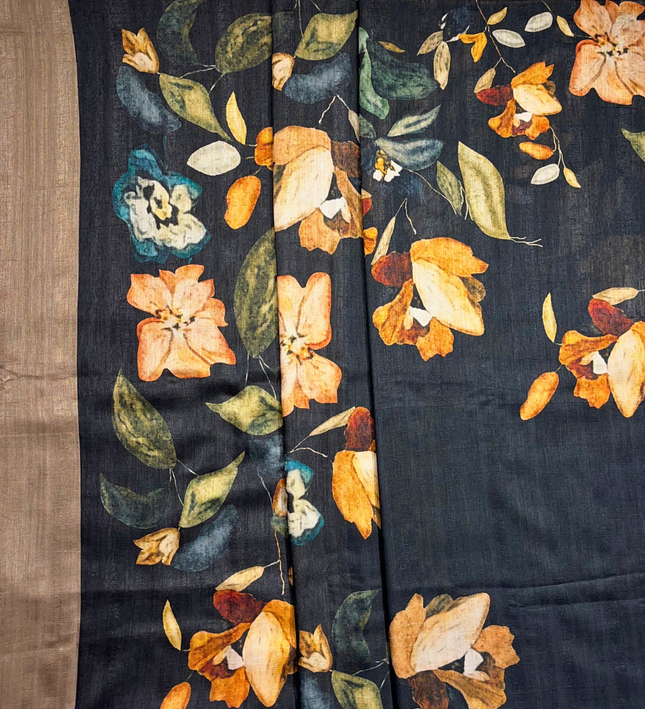 Khadi Cotton Saree – Bold Floral Print on Elegant Handloom